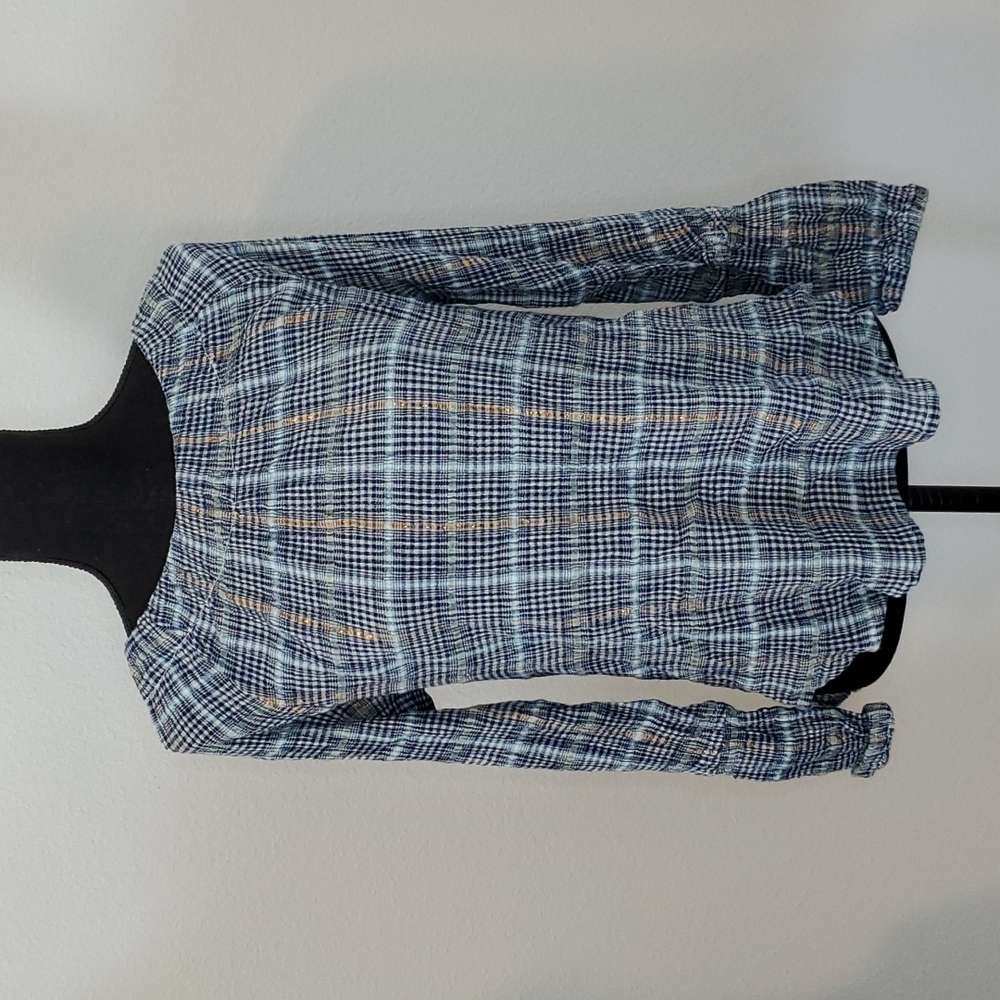 ANTHROPOLOGIE PILCRO BLUE PLAID METALLIC BLOUSE .SZ M
